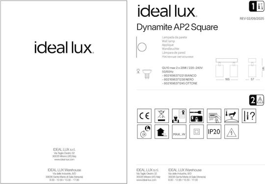 Ideal Lux Dynamite Ap2 Square Διπλό Σποτ με Ντουί GU10