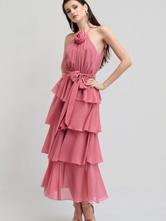 Sommer Midi Damenkleid für Hochzeit - Taufe Off-Shoulder Rosa
