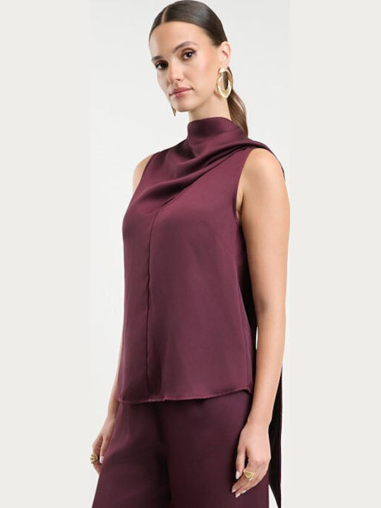 Damen Bluse Satin Ärmellose Drapierung Burgundisch