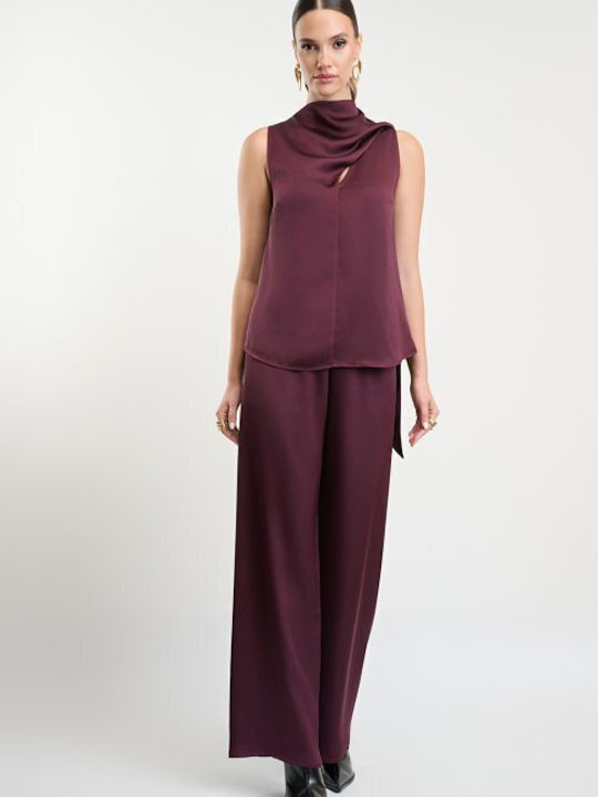 Damen Bluse Satin Ärmellose Drapierung Burgundisch