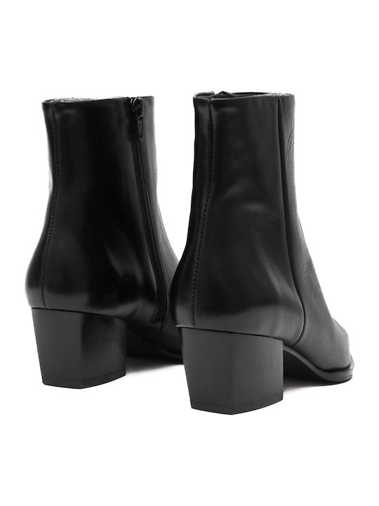Leather Women's Cowboy Ankle Boots with Mid Heel Black