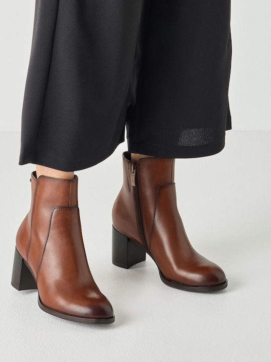 Leder Damen Stiefeletten mit Mittelhohem Absatz Tabac
