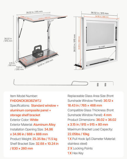 Vevor Klappbares Fensterregal 915x915mm Fenster Service Aluminiumlegierung LKW Lebensmittel Bis 85 Grad Markise Tür Haken Zug Wasserfest