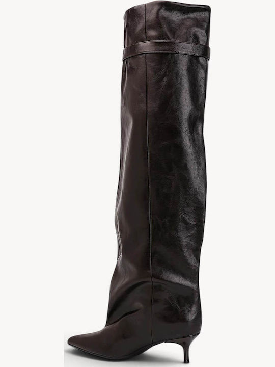 Braune Damenstiefel mit Gürtel am Körper Über dem Knie verlängerte Silhouette