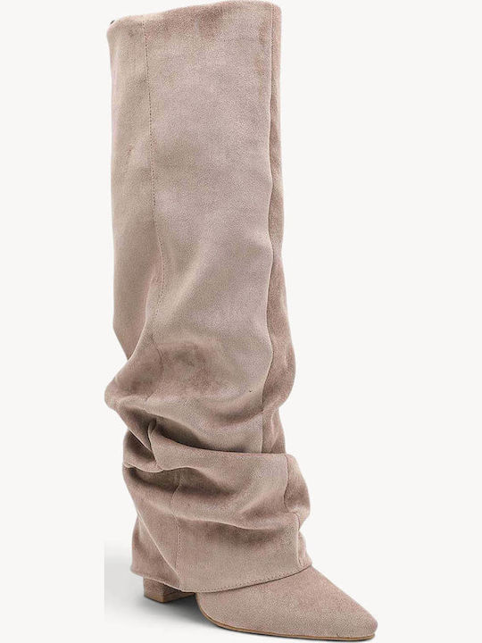 Beige Suede Boots with Wrinkles Block Heel