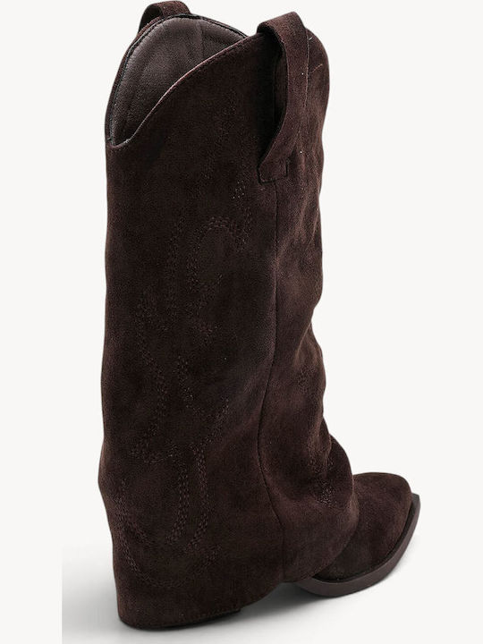 Braune Wildleder Damenstiefel Über dem Knie Cowboy mit Pelz Absatz