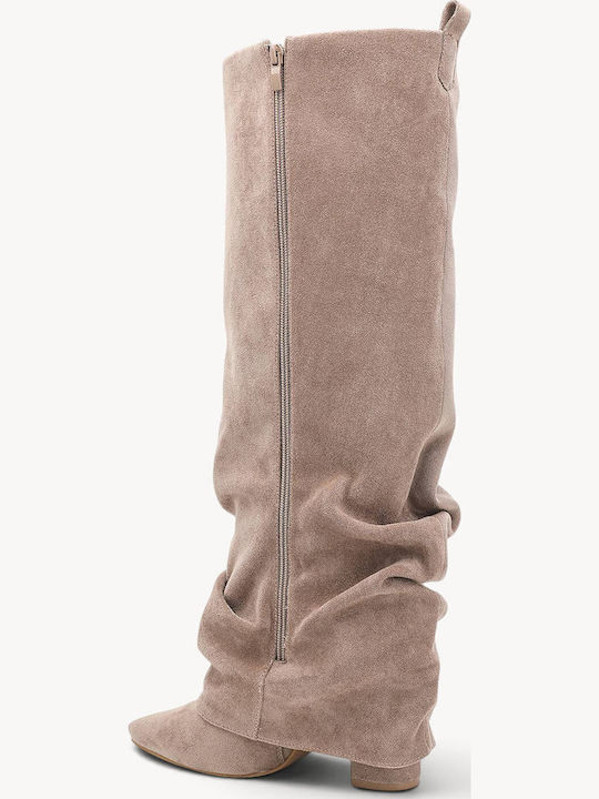 Beige Suede Boots with Wrinkles Block Heel