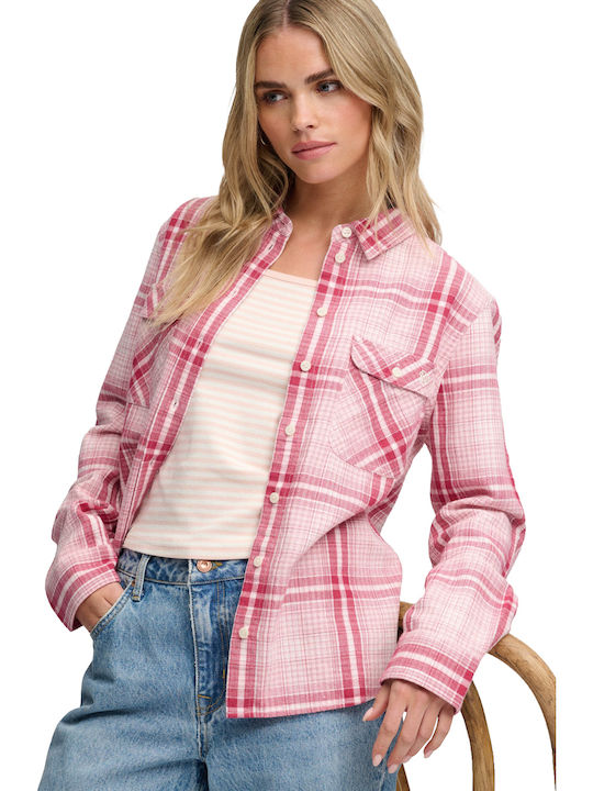 Lumberjack Flannel Long Sleeve Women's Shirt Pink White Check Checked