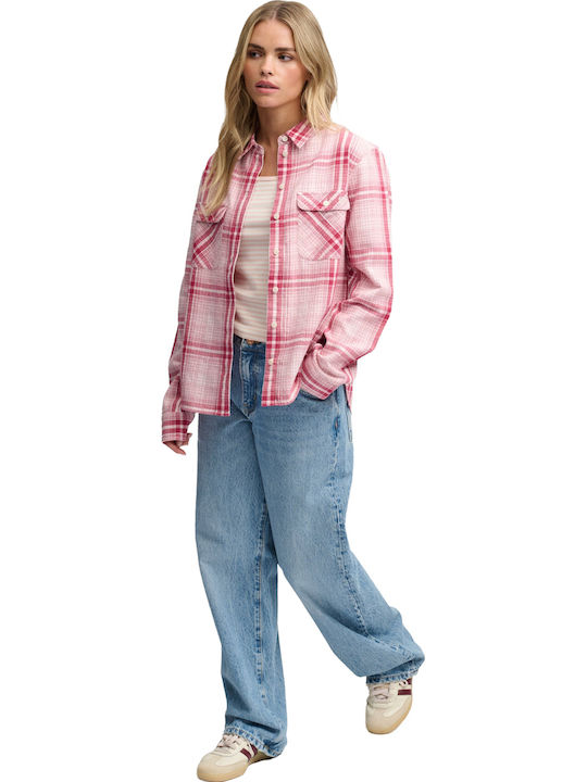 Lumberjack Flannel Long Sleeve Women's Shirt Pink White Check Checked