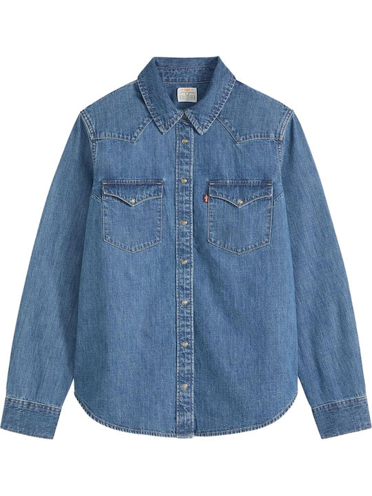 Western Langärmeliges Damen Denim Hemd Blau Blau