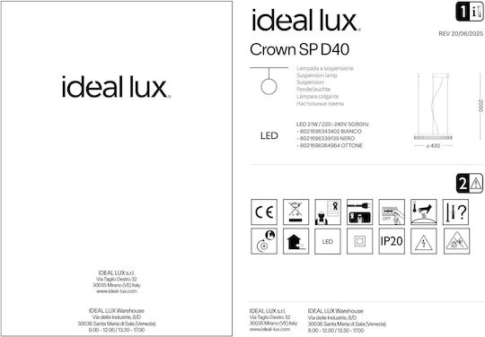 Ideal Lux Висящо Таванно Осветително Тяло LED с Топло Бяла Светлина 40x40см