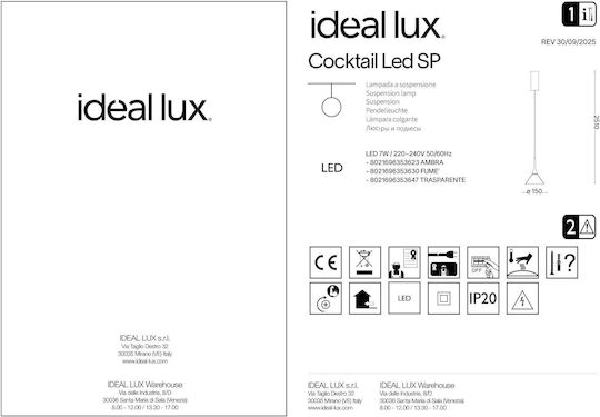 Ideal Lux Κρεμαστό Φωτιστικό LED με Θερμό Λευκό Φως 15x15εκ.