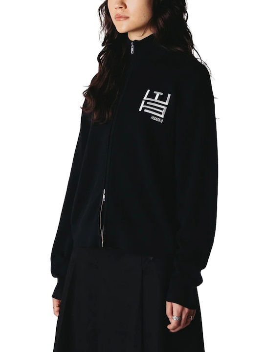 Lange Gestrickte Damen Strickjacke mit Reissverschluss Schwarz 2635-806-Schwarz