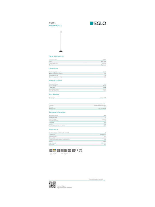 Eglo Montapalma Außenstehlampe LED Für Außenbereich 2.2W RGBW