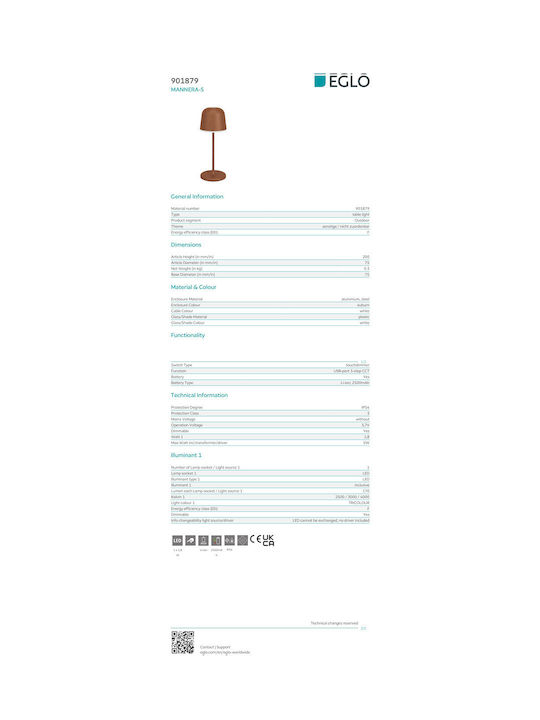 Eglo Mannera Outdoor Desktop LED Lamp 1.8W with Warm to Cool White Light