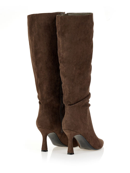 Suede Women's Boots with High Heel Brown