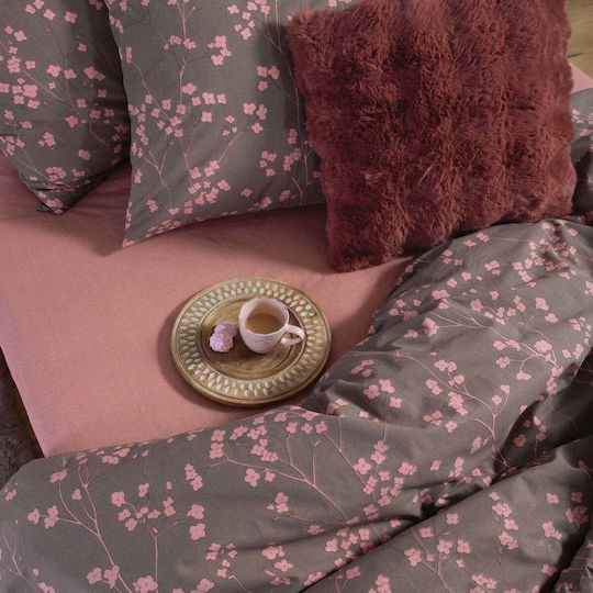 Nef-Nef Homeware Set Duvet Cover Cotton 170x240cm Single with Pillowcase Floriva Brown