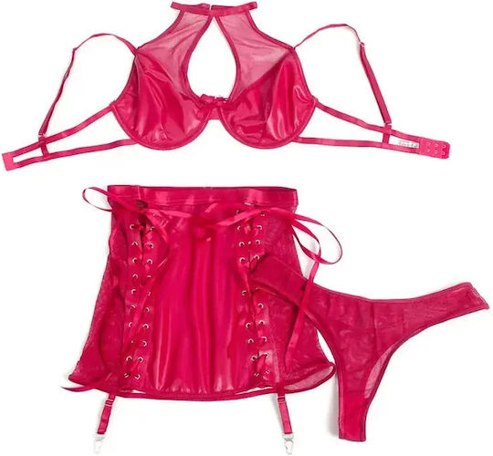 Σετ Bralette & Mini Φούστα Wet Look & Δίχτυ L Xl Κόκκινο
