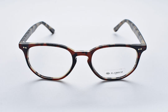El Greco 9293 C4 Unisex Acetate Round Brown Tortoise Prescription Eyeglass Frames