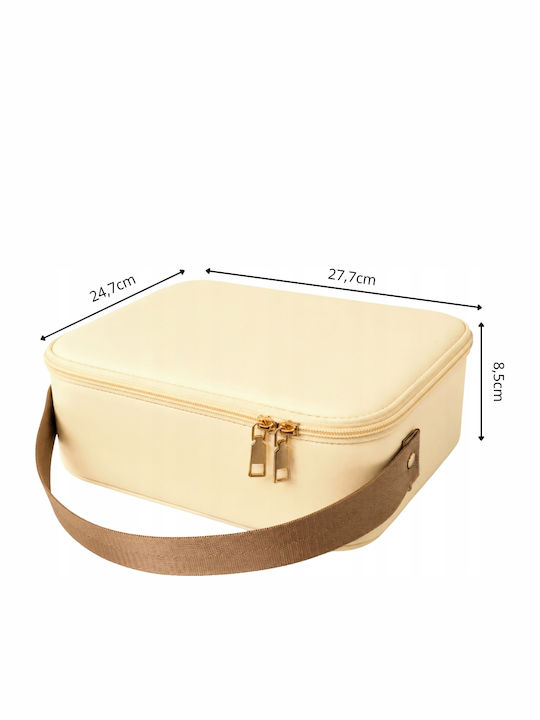 Geantă Textilă De Călătorie Pentru Cosmetice Tecos Dimensiuni 26x23x11 Cm Oglindă De Machiaj Iluminată Tehnologie Led Fermoar Dublu Buzunare Multiple Aurie