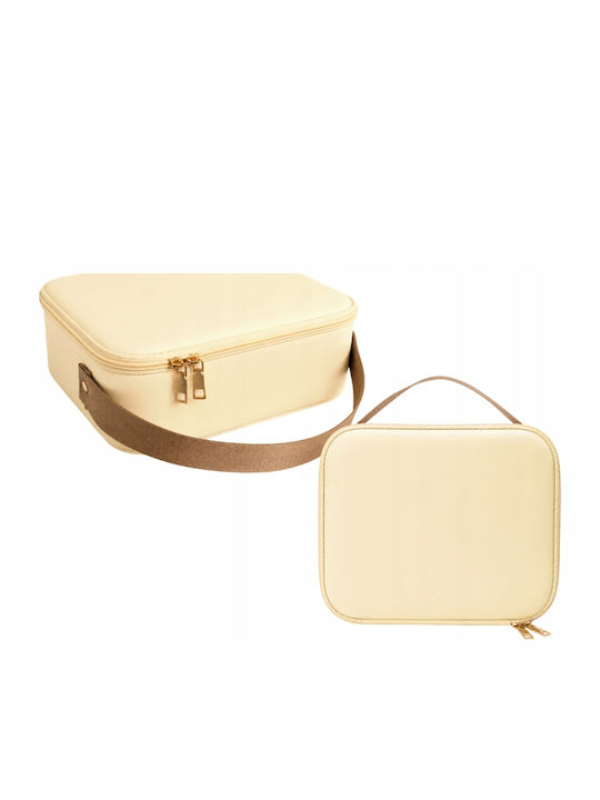 Geantă Textilă De Călătorie Pentru Cosmetice Tecos Dimensiuni 26x23x11 Cm Oglindă De Machiaj Iluminată Tehnologie Led Fermoar Dublu Buzunare Multiple Aurie