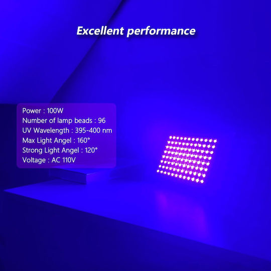 Glostars Proiector UV LED 100W IP66 395-400 Nm Lumină Neagră 395–400 Nm IP66 Rezistent la Apă 96 LED Unghi 180° Carcasă din Aluminiu Întrerupător + Cablu de 1.5 M Suport Reglabil 360° Petreceri Bar Club Halloween Scenă