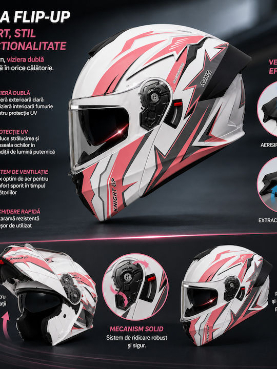 FIXATO Viper Roz Casca Moto Flip-Up ECE 22.06 cu Vizieră Solară