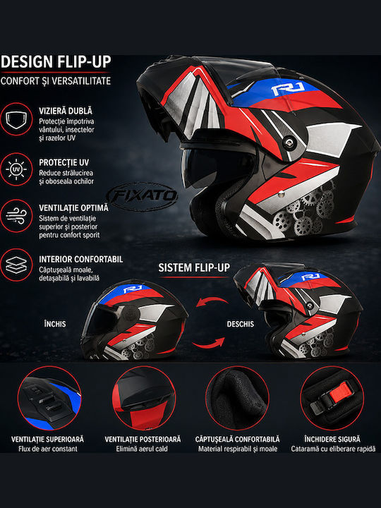FIXATO Nova Red Motorcycle Helmet Flip-Up ECE 22.06 with Sun Visor