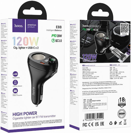 Bluetooth FM Предавател Hoco E88 Star 120W 1xUSB-A 2xUSB-C PD20W QC3.0 BT V5.4 Удължител за Запалка Черен
