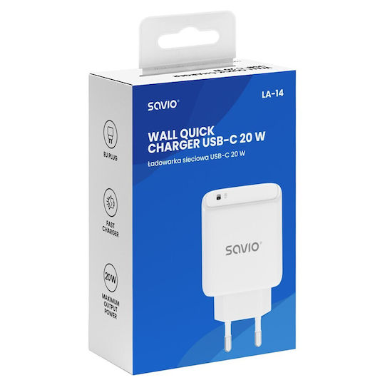Savio Зарядно устройство Без Кабел с USB-C Порт 20W Power Delivery Бял (LA-14)