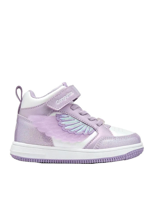 Kids Sneakers High with Hoop & Loop Closure and Purple Lights