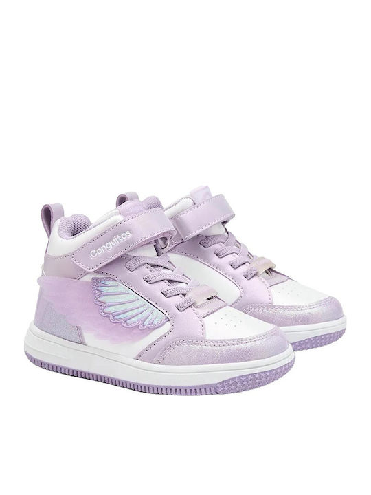 Kids Sneakers High with Hoop & Loop Closure and Purple Lights