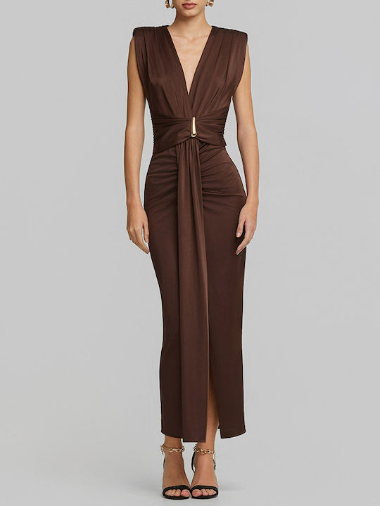 Summer Maxi Evening Shirt Dress Satin Brown