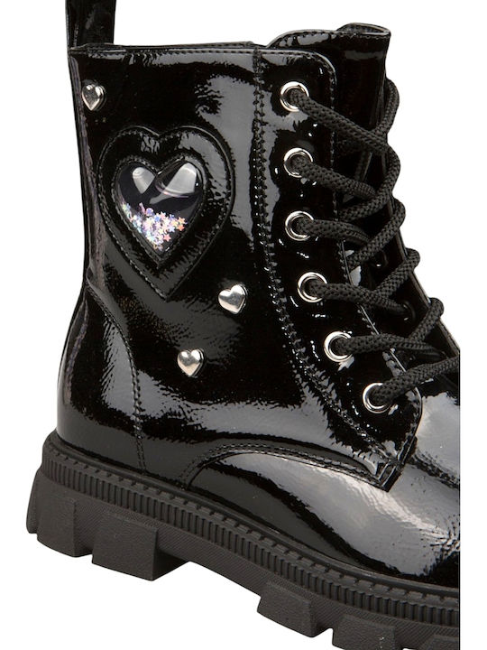 Kinderstiefel aus Lackleder mit Schnürsenkeln Schwarz