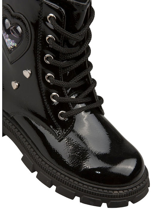 Kinderstiefel aus Lackleder mit Schnürsenkeln Schwarz