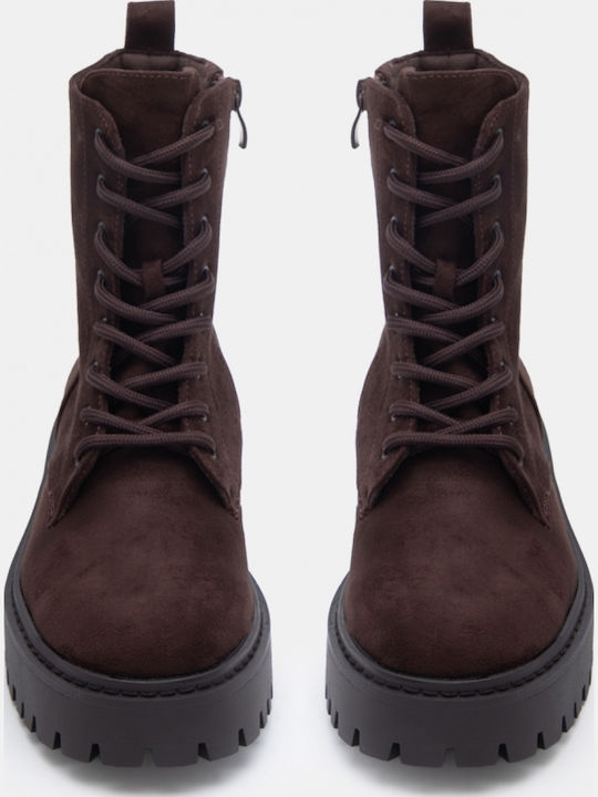 Suede Women's Combat Boots with Medium Heel Brown