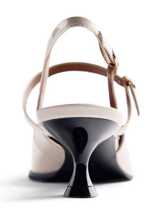 Pointed Toe Heels in Patent Leather with Low Heel White