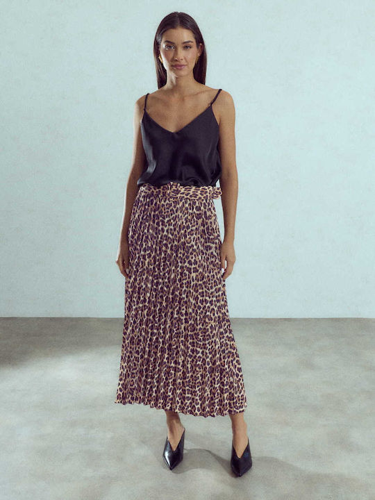 Celestino Fustă Pentru Femei Plisată Leopard Loose Fit Maro
