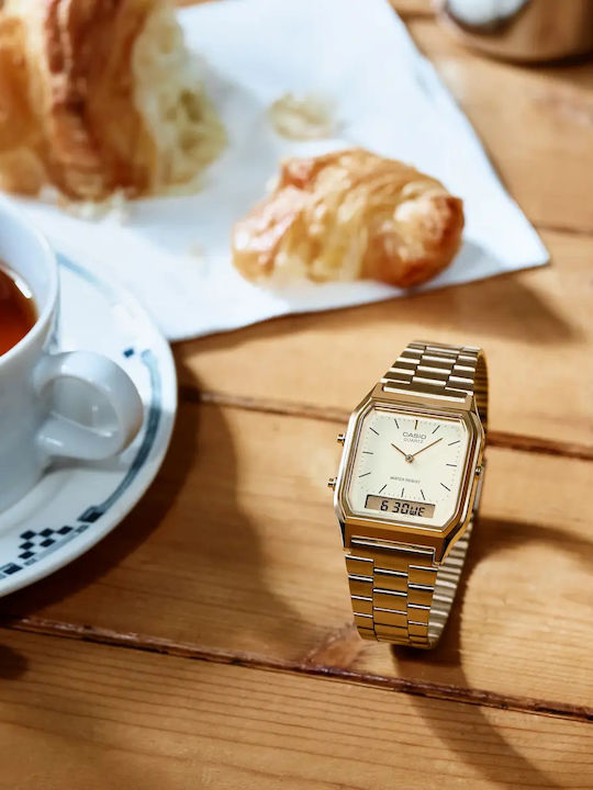 Casio Vintage Αναλογικό/Ψηφιακό Ανδρικό Ρολόι 28mm Μπαταρίας με Χρυσό Ατσάλινο Μπρασελέ