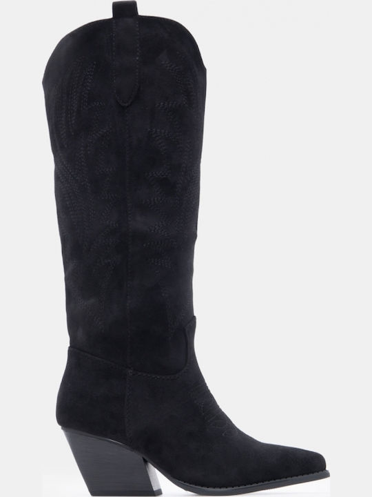 Suede Women's Cowboy Boots with Mid Heel Black