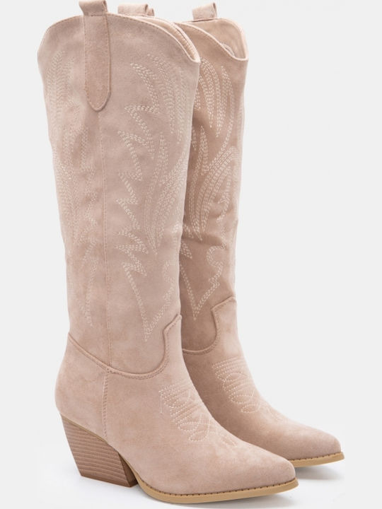 Suede Women's Cowboy Boots with Mid Heel Beige