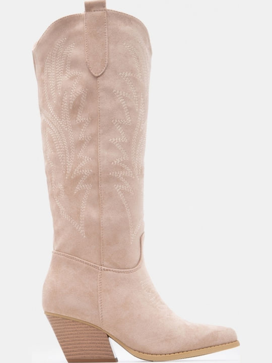 Suede Women's Cowboy Boots with Mid Heel Beige