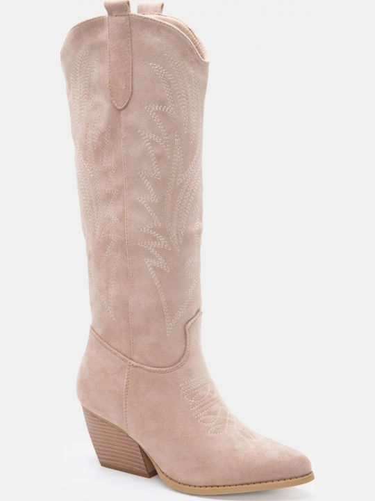 Suede Women's Cowboy Boots with Mid Heel Beige