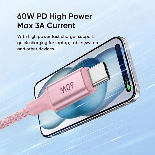 Leewello USB 2.0 Cable USB-C male - USB-C 60W PD Ροζ 1m 783190