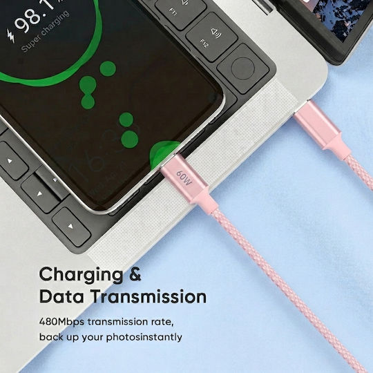Leewello USB 2.0 Cable USB-C male - USB-C 60W PD Ροζ 1m 783190