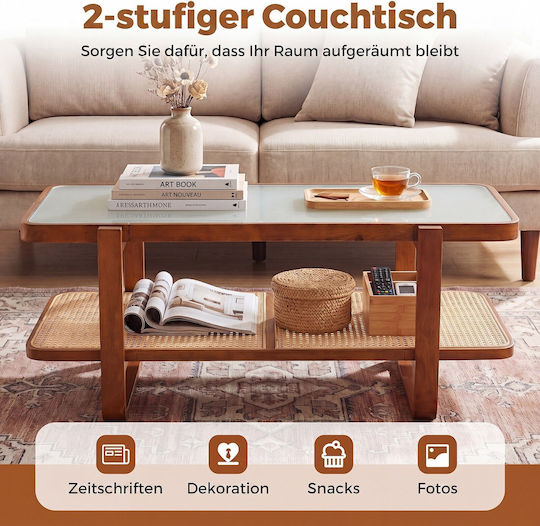 Rectangular Central Glass Coffee Table Walnut L105.41xW50.8xH45.72cm