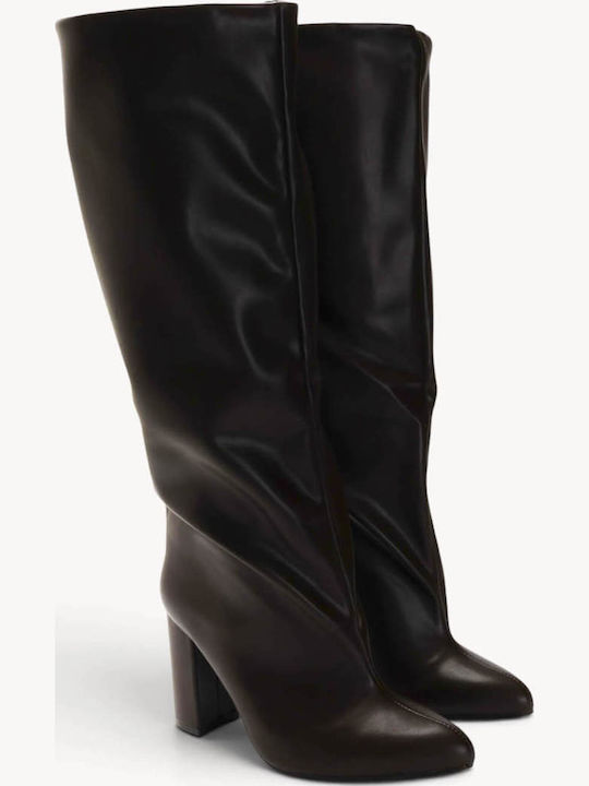 Braune Slouch Damenstiefel mit Falten und Hohem Absatz
