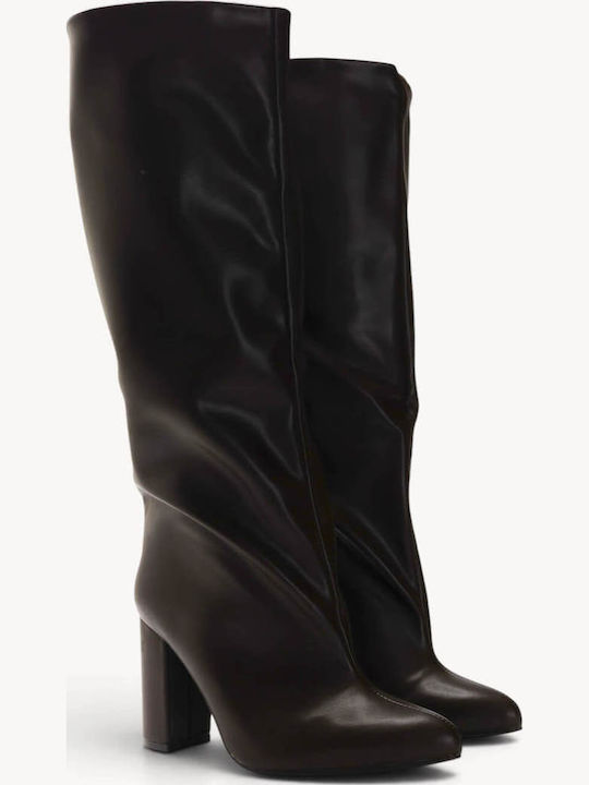 Braune Slouch Damenstiefel mit Falten und Hohem Absatz