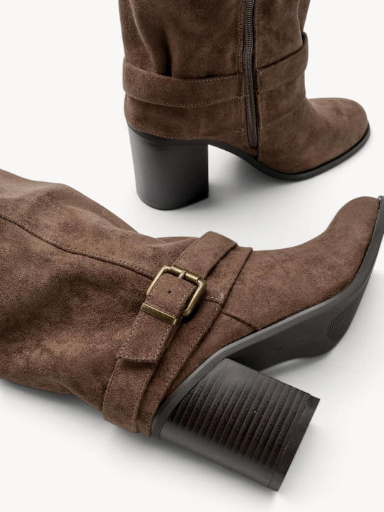 Beige Wildleder Damenstiefel mit Riemen Hochblockabsatz