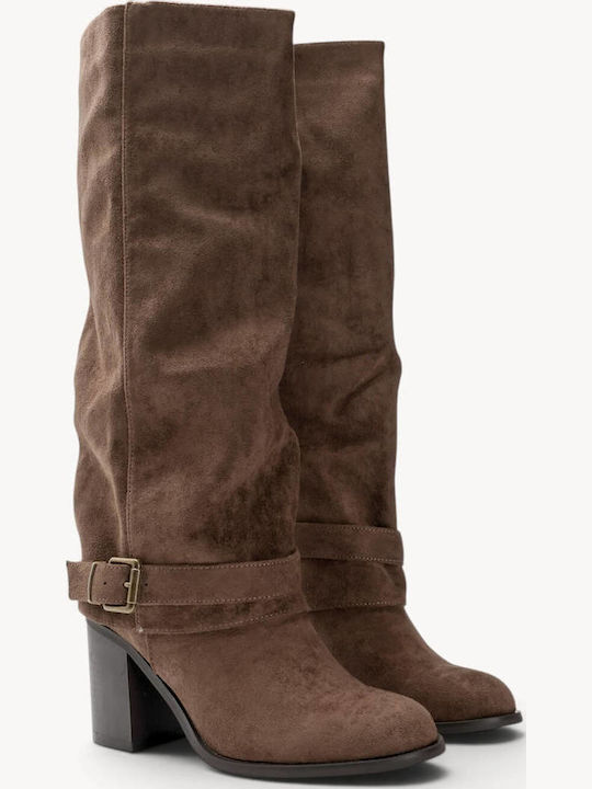 Beige Wildleder Damenstiefel mit Riemen Hochblockabsatz